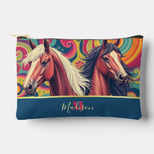 Brown Horses on colourful pattern name Accessory Pouch