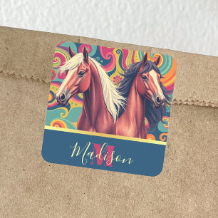 Brown Horses on colourful pattern name Square Sticker
