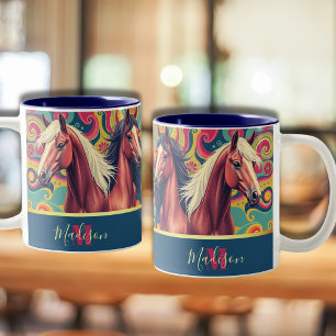 Brown Horses on colourful pattern name Two-Tone Coffee Mug