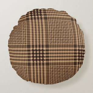 Brown Houndstooth Scottish Check Plaid Pattern Round Cushion