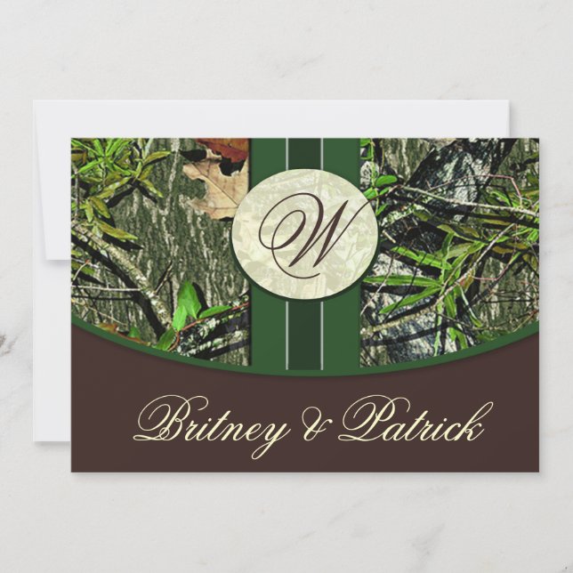Brown & Hunter Green Camo Wedding Invitations (Front)
