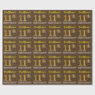 Brown, Imitation Gold Look "11th BIRTHDAY" Wrapping Paper