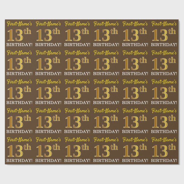 Brown, Imitation Gold Look "13th BIRTHDAY" Wrapping Paper (Flat)