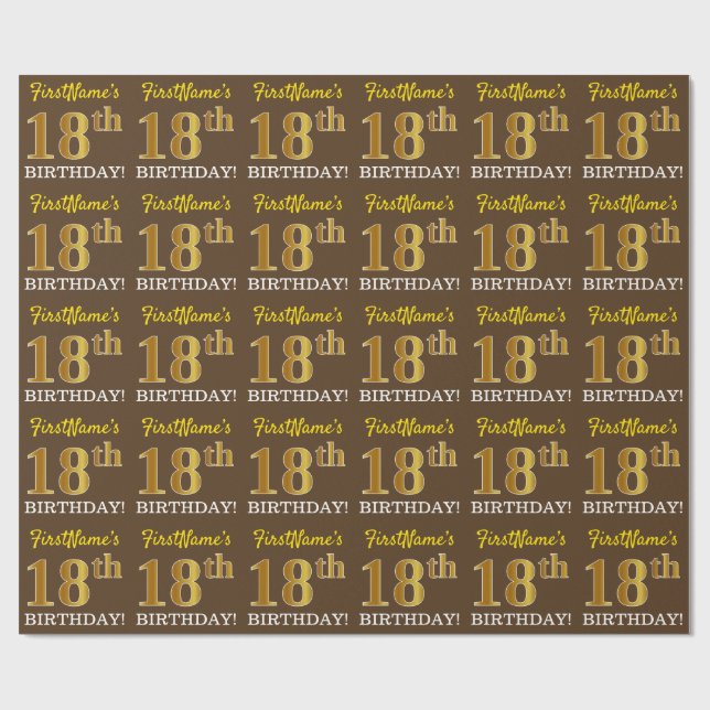 Brown, Imitation Gold Look "18th BIRTHDAY" Wrapping Paper (Flat)