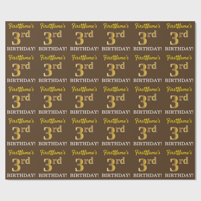 Brown, Imitation Gold Look "3rd BIRTHDAY" Wrapping Paper (Flat)