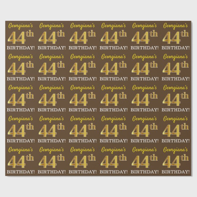 Brown, Imitation Gold Look "44th BIRTHDAY" Wrapping Paper (Flat)