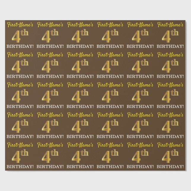 Brown, Imitation Gold Look "4th BIRTHDAY" Wrapping Paper (Flat)