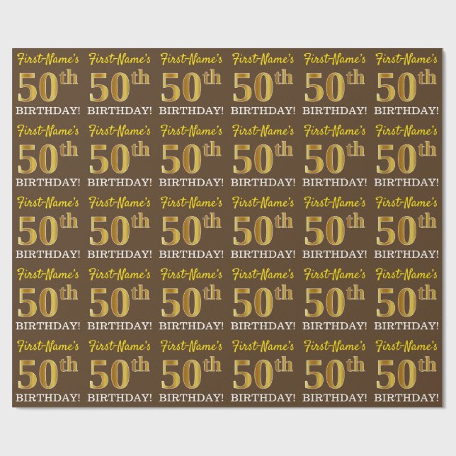 Brown, Imitation Gold Look "50th BIRTHDAY" Wrapping Paper (Flat)