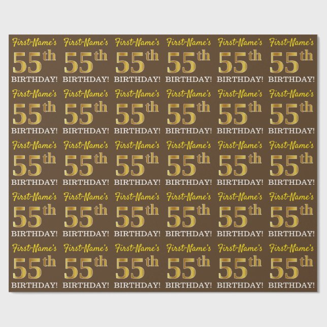 Brown, Imitation Gold Look "55th BIRTHDAY" Wrapping Paper (Flat)