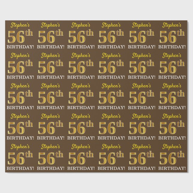 Brown, Imitation Gold Look "56th BIRTHDAY" Wrapping Paper (Flat)