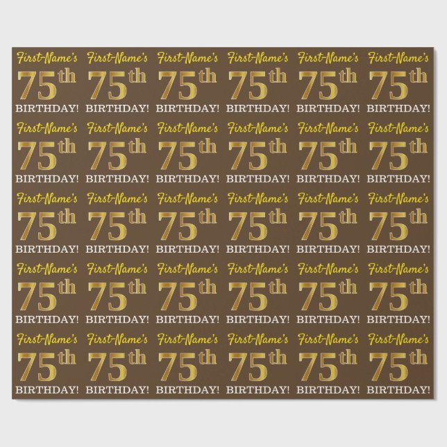 Brown, Imitation Gold Look "75th BIRTHDAY" Wrapping Paper (Flat)