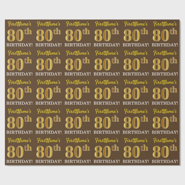 Brown, Imitation Gold Look "80th BIRTHDAY" Wrapping Paper (Flat)