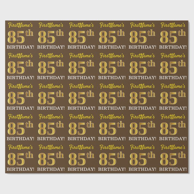 Brown, Imitation Gold Look "85th BIRTHDAY" Wrapping Paper (Flat)