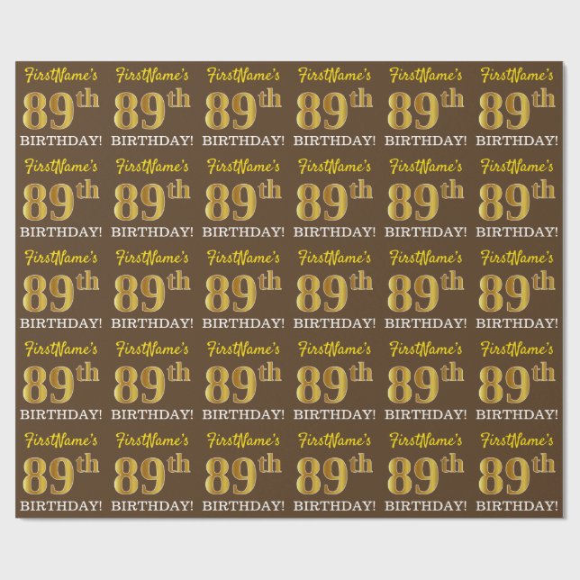 Brown, Imitation Gold Look "89th BIRTHDAY" Wrapping Paper (Flat)