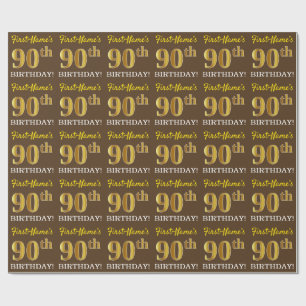 Brown, Imitation Gold Look "90th BIRTHDAY" Wrapping Paper