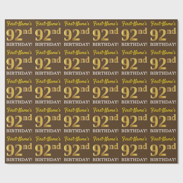 Brown, Imitation Gold Look "92nd BIRTHDAY" Wrapping Paper (Flat)