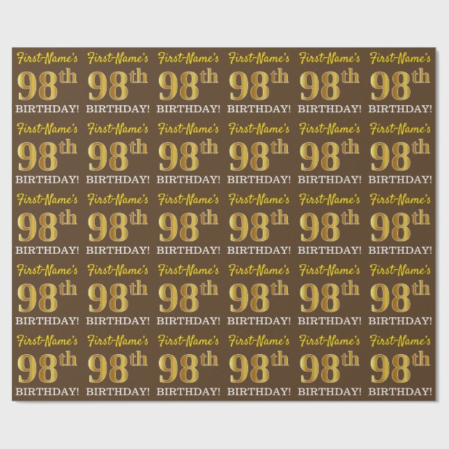 Brown, Imitation Gold Look "98th BIRTHDAY" Wrapping Paper (Flat)