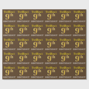 Brown, Imitation Gold Look "9th BIRTHDAY" Wrapping Paper