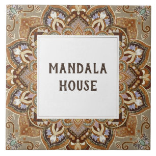 Brown India Mandala Custom House Name Sign Plaque Ceramic Tile