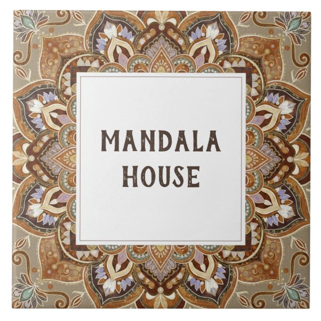 Brown India Mandala Custom House Name Sign Plaque Ceramic Tile (Front)