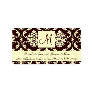 Brown Ivory Damask Monogram Wedding Address Labels