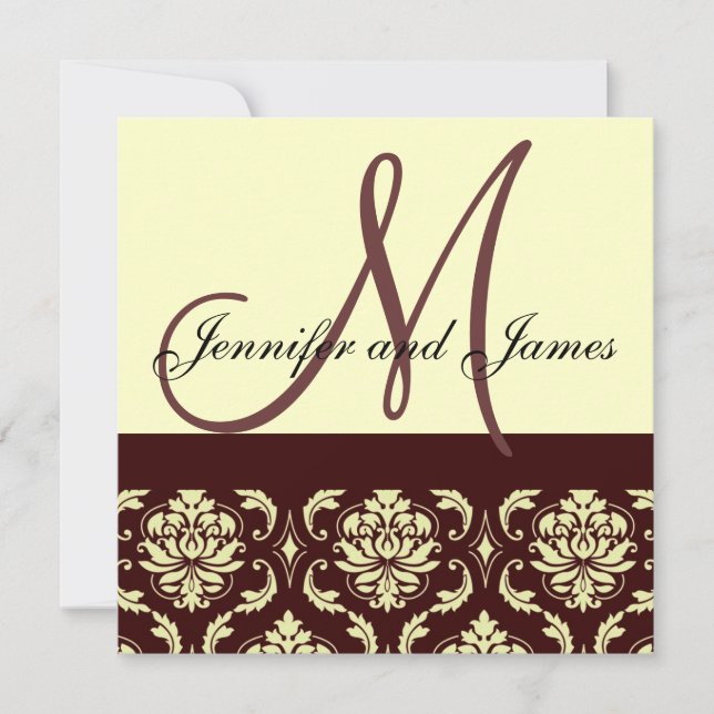 Brown Ivory Damask  Monogram Wedding Invitation (Front)