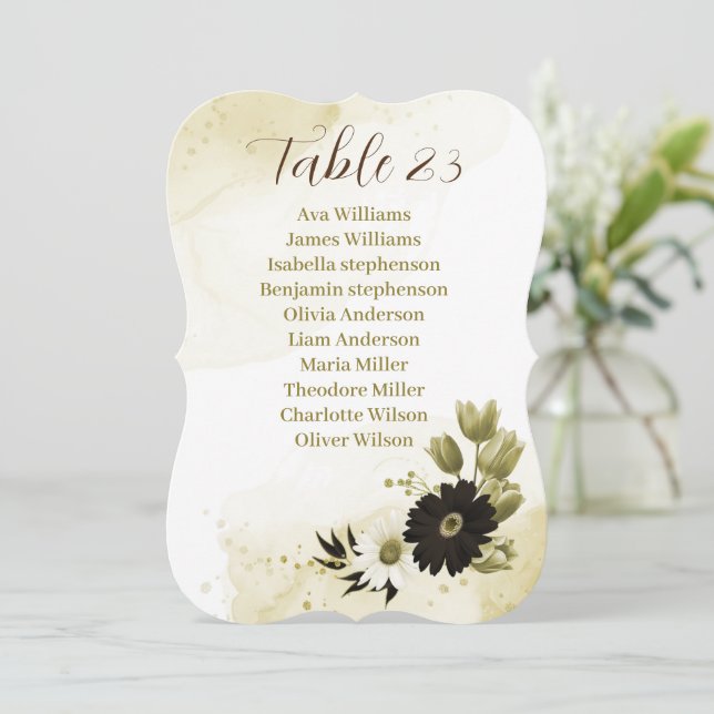 Brown ivory gold floral wedding seating chart card (Standing Front)
