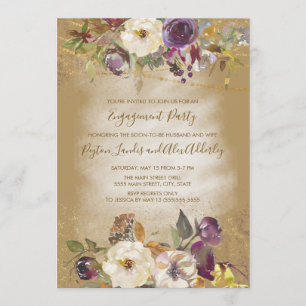 Brown Ivory Purple Floral Glitter Engagement Party Invitation