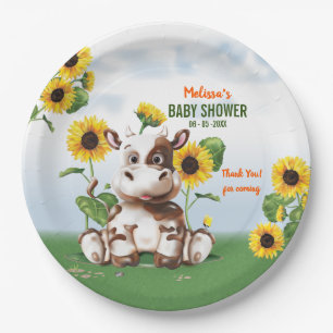 Brown Jersey Cow Sunflower Baby Shower Paper Plate