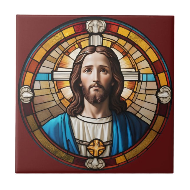 Brown Jesus Christ Circular Faux Stained Glass Ceramic Tile (Front)