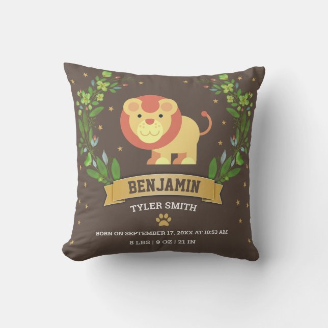 Brown Jungle Safari Lion Baby Boy Birth Stats Cushion (Front)