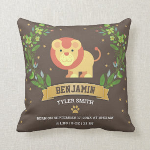 Brown Jungle Safari Lion Baby Boy Birth Stats Cushion