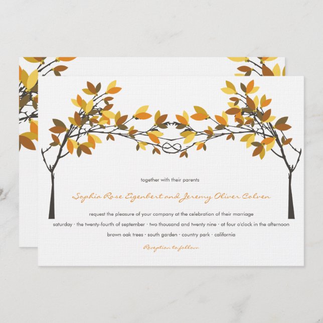 Brown Knotted Love Trees Fall Autumn Wedding Invitation (Front/Back)