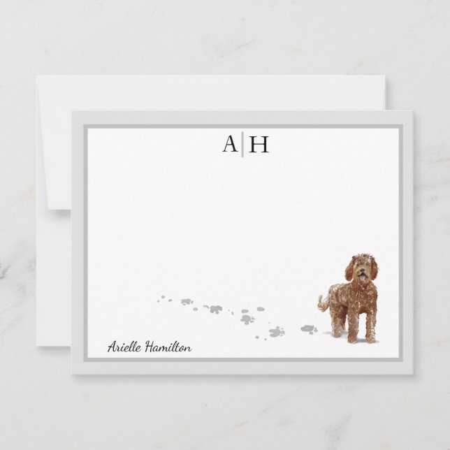 Brown Labradoodle Dog Grey Border Monogram Custom Card (Front)