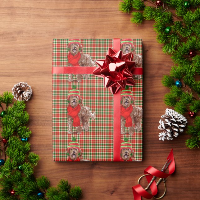 Brown Labradoodle Dog Red Green Plaid Christmas Wr Wrapping Paper (Holiday Gift)