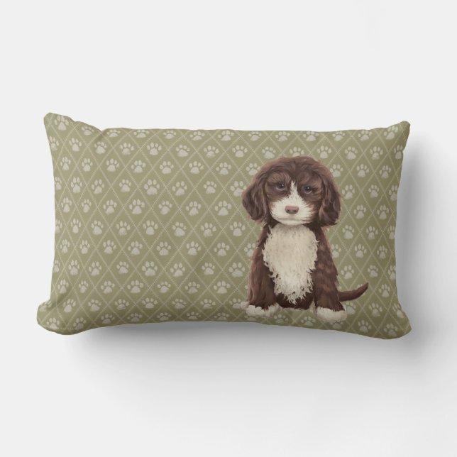 Brown Labradoodle/Goldendoodle Dog Green Pillow (Front)