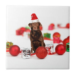 Brown Labrador Dog Christmas w Gifts Santa Hat Tile