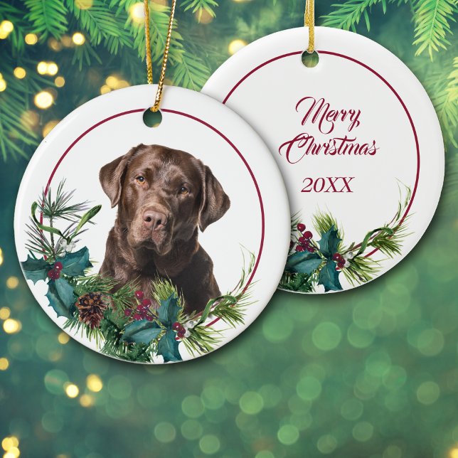 Brown Labrador Retriever Evergreen Berry Wreath Ceramic Ornament (Creator Uploaded)
