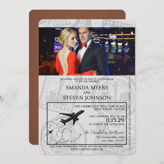 Brown Las Vegas Passport Wedding Invitation (Front/Back)