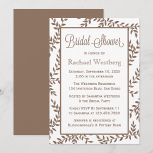 Brown Leaf Bridal Shower Floral Watercolor Leaves Invitation