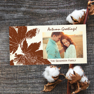 Brown Leaf Print Autumn Greetings Photo Card