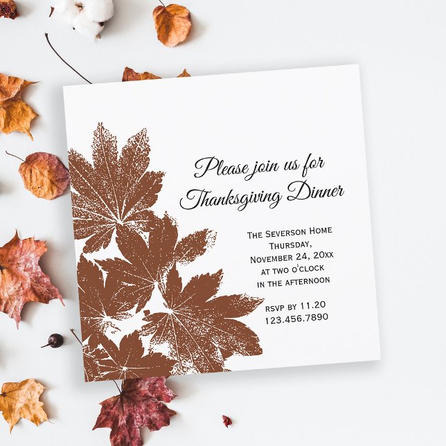 Brown Leaf Stamp Thanksgiving Dinner Invitation (Invite friends to gather to say thanks with this natural Thanksgiving Dinner Invitation.)