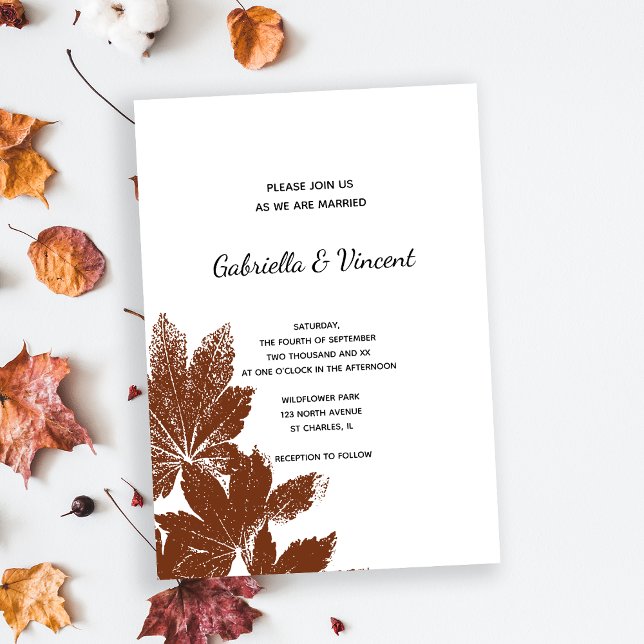 Brown Leaf Stamp Wedding Invitation (Fall in Love with this natural woodland wedding invitation.)