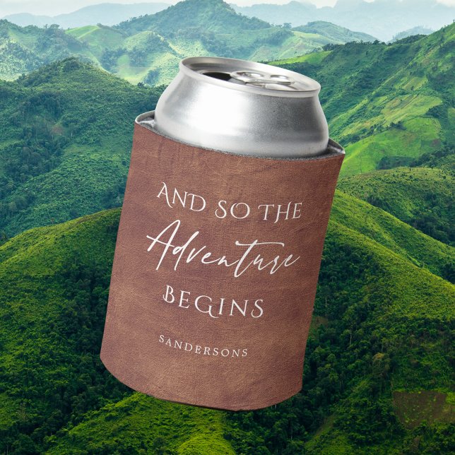 Brown Leather Adventure Personalised Can Cooler (Creator Uploaded)
