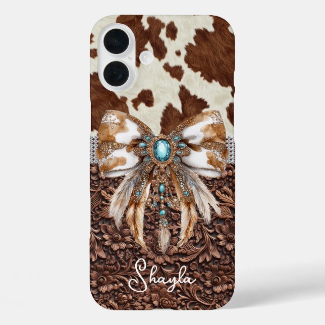 Brown Leather Cowhide Jewelled Bow Monogrammed Case-Mate iPhone Case (Back)