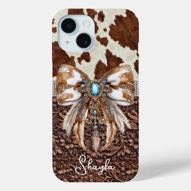 Brown Leather Cowhide Jewelled Bow Monogrammed Case-Mate iPhone Case (Back)