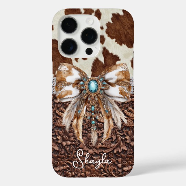 Brown Leather Cowhide Jewelled Bow Monogrammed Case-Mate iPhone Case (Back)