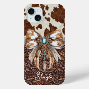 Brown Leather Cowhide Jewelled Bow Monogrammed iPhone 15 Mini Case