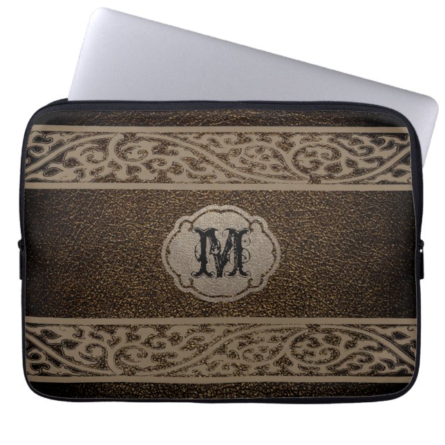 Brown Leather. Custom Monogram Laptop Sleeve (Front)