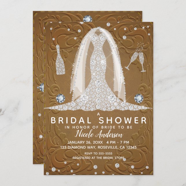 Brown Leather Diamond Wedding Dress Bridal Shower Invitation (Front/Back)